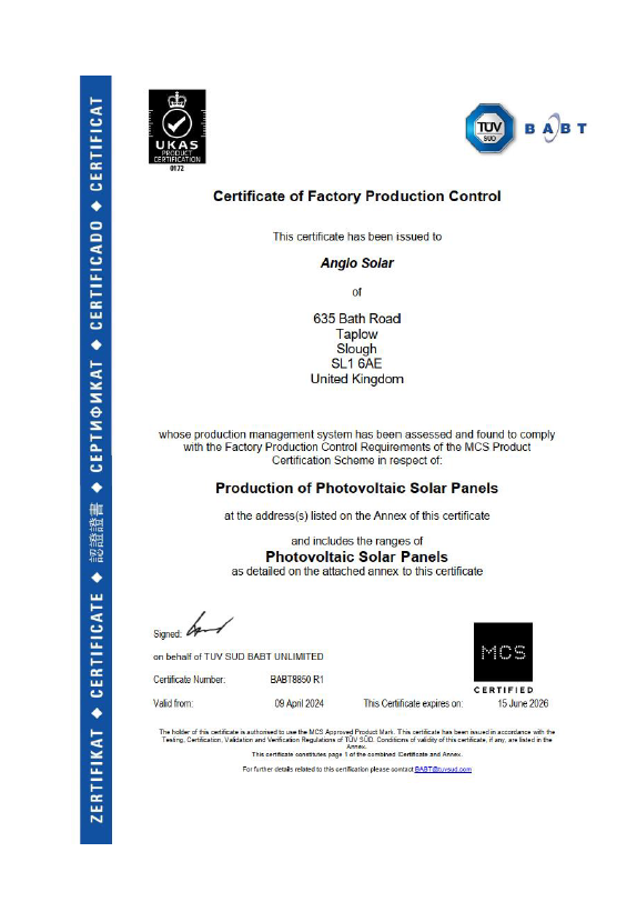 Anglo Solar MCS Certificate 